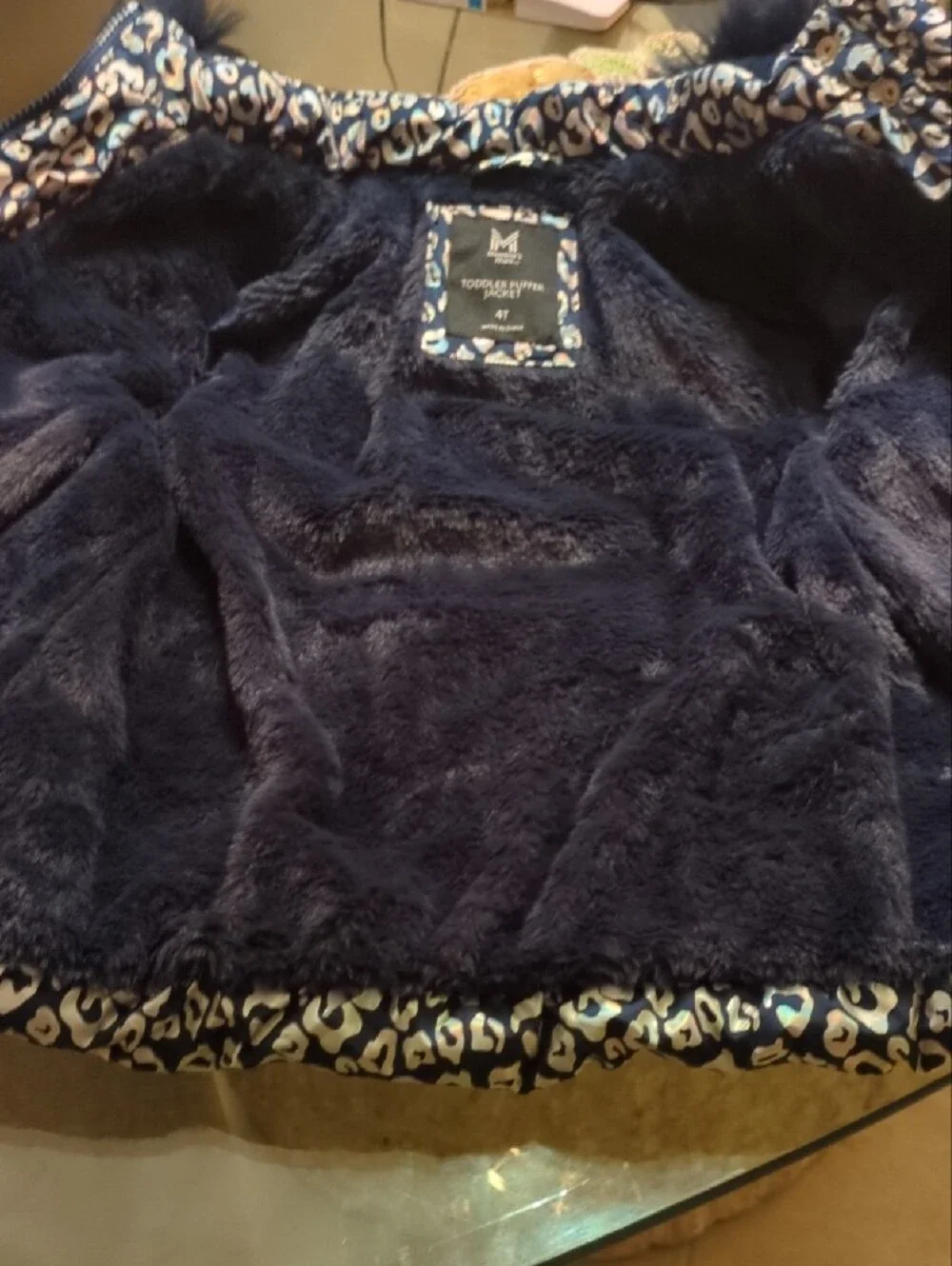 Girls' Navy Leopard Print Puffer Jacket with Faux Fur Hood